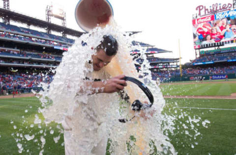 May 27, 2017; Philadelphia, PA, USA; Philadelphia Phillies first baseman Tommy Joseph (19) is doused with ice after hitting a walk off RBI single against the Cincinnati Reds during the ninth inning at Citizens Bank Park. Mandatory Credit: Bill Streicher-USA TODAY Sports