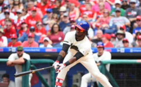 May 28, 2017; Philadelphia, PA, USA; Philadelphia Phillies center fielder Odubel Herrera (37) strikes out on a pitch in the dirt during the fifth inning against the Cincinnati Reds at Citizens Bank Park. The Reds defeated the Phillies, 8-4. Mandatory Credit: Eric Hartline-USA TODAY Sports