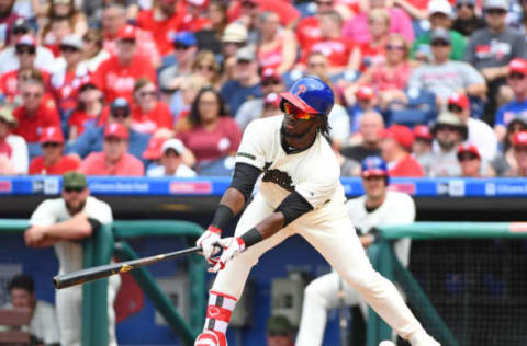 May 28, 2017; Philadelphia, PA, USA; Philadelphia Phillies center fielder Odubel Herrera (37) strikes out on a pitch in the dirt during the fifth inning against the Cincinnati Reds at Citizens Bank Park. The Reds defeated the Phillies, 8-4. Mandatory Credit: Eric Hartline-USA TODAY Sports