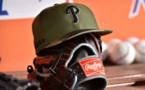 May 29, 2017; Miami, FL, USA; A general view of the special Memorial Day Philadelphia Phillies hat in the dugout during the game against the Miami Marlins at Marlins Park. Mandatory Credit: Jasen Vinlove-USA TODAY Sports