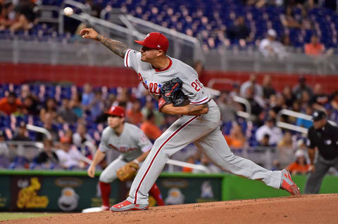 May 30, 2017; Miami, FL, USA; Philadelphia Phillies starting pitcher Vince Velasquez (28) delivers a pitch in the first inning against the Miami Marlins at Marlins Park. Mandatory Credit: Jasen Vinlove-USA TODAY Sports