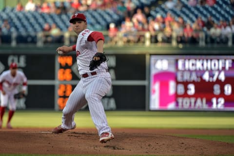 Jun 2, 2017; Philadelphia, PA, USA; Philadelphia Phillies starting pitcher Jerad Eickhoff (48) pitches during the first inning of the game against the San Francisco Giants at Citizens Bank Park. Mandatory Credit: John Geliebter-USA TODAY Sports