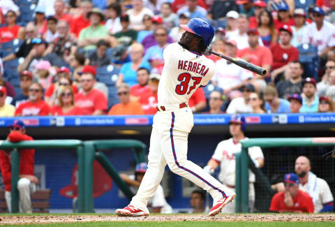 Jun 4, 2017; Philadelphia, PA, USA; Philadelphia Phillies center fielder Odubel Herrera (37) hits a home run during the fifth inning against the San Francisco Giants at Citizens Bank Park. Mandatory Credit: Eric Hartline-USA TODAY Sports