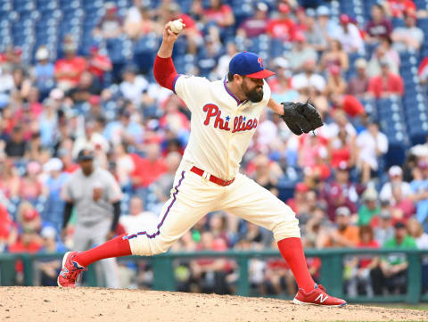 Jun 4, 2017; Philadelphia, PA, USA; Philadelphia Phillies relief pitcher Pat Neshek (17) throws a pitch during the eighth inning against the San Francisco Giants at Citizens Bank Park. The Phillies defeated the Giants, 9-7. Mandatory Credit: Eric Hartline-USA TODAY Sports