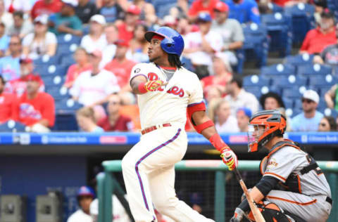 Jun 4, 2017; Philadelphia, PA, USA; Philadelphia Phillies third baseman Maikel Franco (7) watches his home run during the eighth inning against the San Francisco Giants at Citizens Bank Park. The Phillies defeated the Giants, 9-7. Mandatory Credit: Eric Hartline-USA TODAY Sports