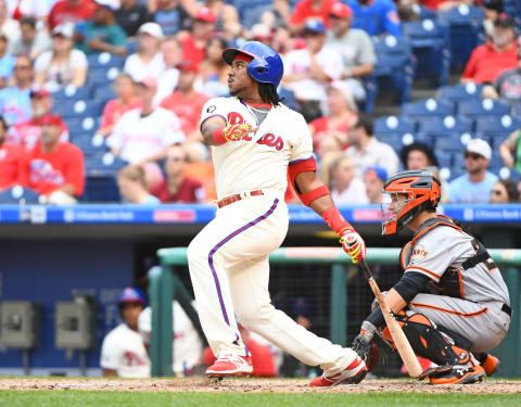 Jun 4, 2017; Philadelphia, PA, USA; Philadelphia Phillies third baseman Maikel Franco (7) watches his home run during the eighth inning against the San Francisco Giants at Citizens Bank Park. The Phillies defeated the Giants, 9-7. Mandatory Credit: Eric Hartline-USA TODAY Sports