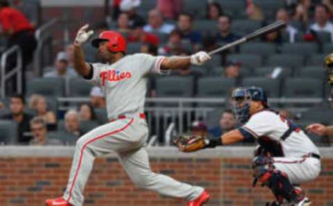 Jun 6, 2017; Atlanta, GA, USA; Philadelphia Phillies left fielder Howie Kendrick (47) hits a home run against the Atlanta Braves during the fourth inning at SunTrust Park. Mandatory Credit: Dale Zanine-USA TODAY Sports