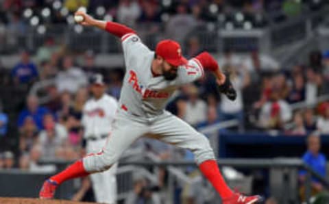 Jun 6, 2017; Atlanta, GA, USA; Philadelphia Phillies relief pitcher Pat Neshek (17) pitches against the Atlanta Braves during the ninth inning at SunTrust Park. Mandatory Credit: Dale Zanine-USA TODAY Sports