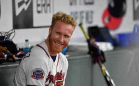 Jun 7, 2017; Atlanta, GA, USA; Atlanta Braves starting pitcher Mike Foltynewicz (26) is shown in the dugout against the Philadelphia Phillies during the seventh inning at SunTrust Park. Mandatory Credit: Dale Zanine-USA TODAY Sports