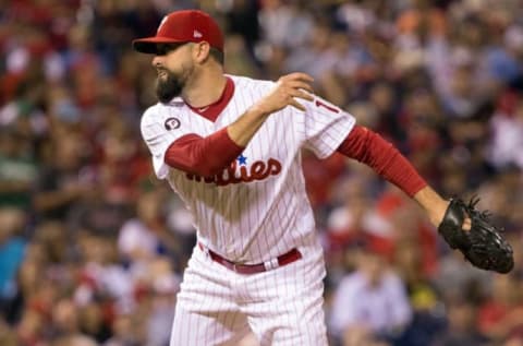 Jun 15, 2017; Philadelphia, PA, USA; Philadelphia Phillies relief pitcher Pat Neshek (17) pitches during the eighth inning against the Boston Red Sox at Citizens Bank Park. Mandatory Credit: Bill Streicher-USA TODAY Sports