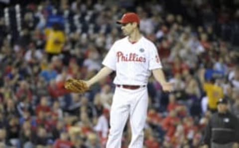 May 2, 2014; Philadelphia, PA, USA; Philadelphia Phillies starting pitcher Cliff Lee (33) gestures towards Washington Nationals center fielder Denard Span (2) (not pictured) after he threw an inside pitch to him during the fifth inning at Citizens Bank Park. The Nationals defeated the Phillies, 5-3. Mandatory Credit: Eric Hartline-USA TODAY Sports