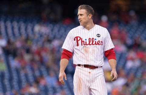 May 15, 2015; Philadelphia, PA, USA; Philadelphia Phillies second baseman Chase Utley (26) in a game against the Arizona Diamondbacks at Citizens Bank Park. The Phillies won 4-3. Mandatory Credit: Bill Streicher-USA TODAY Sports