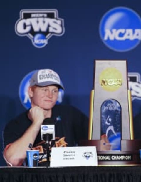 Jun 24, 2015; Omaha, NE, USA; Virginia Cavaliers first baseman Pavin Smith (10) speaks to the media after the game against the Vanderbilt Commodores in game three of the College World Series Final at TD Ameritrade Park. Virginia defeated Vanderbilt 4-2 to win the College World Series. Mandatory Credit: Steven Branscombe-USA TODAY Sports