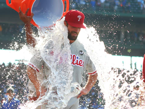 Jul 25, 2015; Chicago, IL, USA; Philadelphia Phillies starting pitcher Cole Hamels (35) is doused with water after throwing a no hitter against the Chicago Cubs at Wrigley Field. The Philadelphia Phillies defeated the Chicago Cubs 5-0. Mandatory Credit: Caylor Arnold-USA TODAY Sports