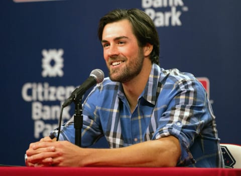 Jul 31, 2015; Philadelphia, PA, USA; Texas Rangers starting pitcher Cole Hamels speaks with the media after being traded from the Philadelphia Phillies at Citizens Bank Park. Mandatory Credit: Bill Streicher-USA TODAY Sports