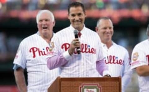 Jul 31, 2015; Philadelphia, PA, USA; Philadelphia Phillies former left fielder Pat Burrell is honored as the 37th inductee into the Phillies Wall of Fame before a game against the Atlanta Braves at Citizens Bank Park. Mandatory Credit: Bill Streicher-USA TODAY Sports