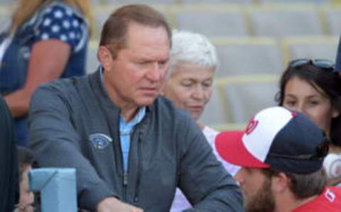 Aug 12, 2015; Los Angeles, CA, USA; Sports agent Scott Boras (L) and Washington Nationals right fielder Bryce Harper (R) prior to the game against the Los Angeles Dodgers at Dodger Stadium. Mandatory Credit: Kirby Lee-USA TODAY Sports