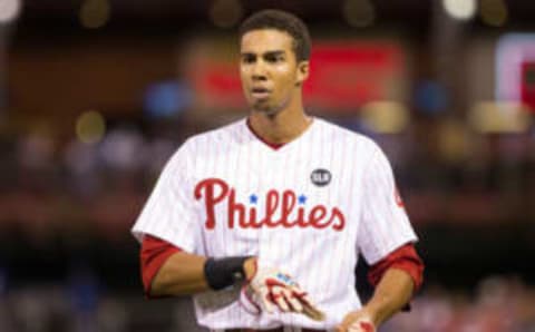 Aug 18, 2015; Philadelphia, PA, USA; Philadelphia Phillies outfielder Aaron Altherr (40) in a game against the Toronto Blue Jays at Citizens Bank Park. The Blue Jays won 8-5. Mandatory Credit: Bill Streicher-USA TODAY Sports