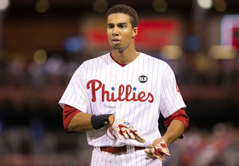 Aug 18, 2015; Philadelphia, PA, USA; Philadelphia Phillies outfielder Aaron Altherr (40) in a game against the Toronto Blue Jays at Citizens Bank Park. The Blue Jays won 8-5. Mandatory Credit: Bill Streicher-USA TODAY Sports