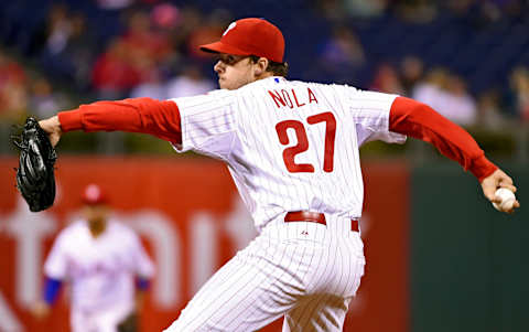 Sep 14, 2015; Philadelphia, PA, USA; Philadelphia Phillies starting pitcher Aaron Nola (27) throws a pitch during the fifth inning against the Washington Nationals at Citizens Bank Park. Mandatory Credit: Eric Hartline-USA TODAY Sports