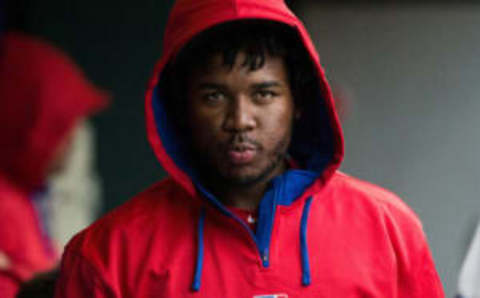 Oct 1, 2015; Philadelphia, PA, USA; Philadelphia Phillies third baseman Maikel Franco (7) in the dugout during a game against the New York Mets at Citizens Bank Park. The Phillies won 3-0. Mandatory Credit: Bill Streicher-USA TODAY Sports