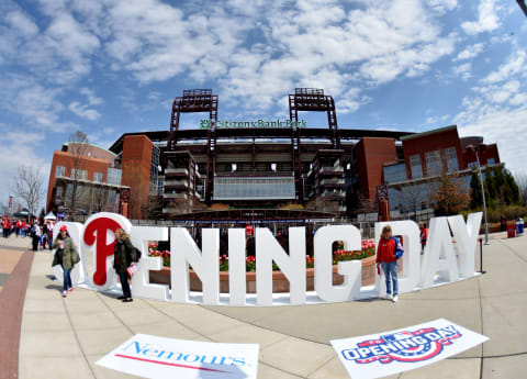 Apr 11, 2016; Philadelphia, PA, USA; Philadelphia Phillies fans enjoy festivities outside the ballpark before a game between the Phillies and the San Diego Padres on Opening Day at Citizens Bank Park. Mandatory Credit: Eric Hartline-USA TODAY Sports