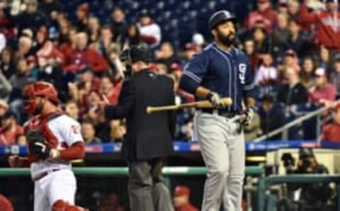 Apr 13, 2016; Philadelphia, PA, USA; San Diego Padres right fielder Matt Kemp (27) walks back to the dugout after striking out during the eighth inning against the Philadelphia Phillies at Citizens Bank Park. The Phillies defeated the Padres, 2-1. Mandatory Credit: Eric Hartline-USA TODAY Sports