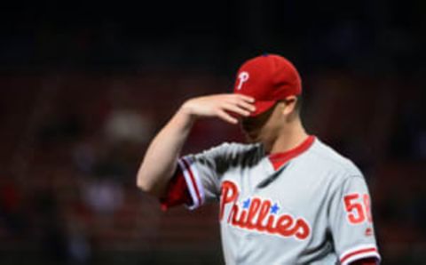 May 2, 2016; St. Louis, MO, USA; Philadelphia Phillies starting pitcher Jeremy Hellickson (58) walks off the field after the fifth inning against the St. Louis Cardinals at Busch Stadium. Mandatory Credit: Jeff Curry-USA TODAY Sports