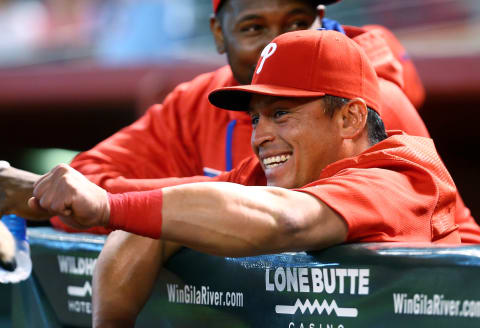 Jun 29, 2016; Phoenix, AZ, USA; Philadelphia Phillies catcher Carlos Ruiz against the Arizona Diamondbacks at Chase Field. Mandatory Credit: Mark J. Rebilas-USA TODAY Sports