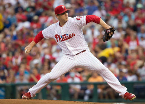 Jul 16, 2016; Philadelphia, PA, USA; Philadelphia Phillies starting pitcher Jerad Eickhoff (48) pitches during the first inning against the New York Mets at Citizens Bank Park. Mandatory Credit: Bill Streicher-USA TODAY Sports