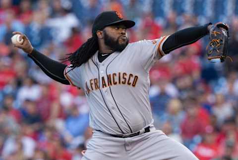 Aug 3, 2016; Philadelphia, PA, USA; San Francisco Giants starting pitcher Johnny Cueto (47) pitches against the Philadelphia Phillies during the first inning at Citizens Bank Park. Mandatory Credit: Bill Streicher-USA TODAY Sports