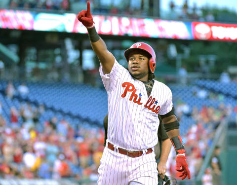 Aug 13, 2016; Philadelphia, PA, USA; Philadelphia Phillies third baseman Maikel Franco (7) points to the stands after hitting a three-run home run during the first inning against the Colorado Rockies at Citizens Bank Park. Mandatory Credit: Eric Hartline-USA TODAY Sports