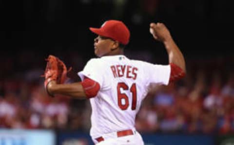 Aug 23, 2016; St. Louis, MO, USA; St. Louis Cardinals starting pitcher Alex Reyes (61) pitches to a New York Mets batter during the sixth inning at Busch Stadium. The Mets won 7-4. Mandatory Credit: Jeff Curry-USA TODAY Sports