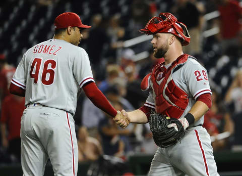 iSep 8, 2016; Washington, DC, USA; Philadelphia Phillies relief pitcher Jeanmar Gomez (46) is congratulated by catcher Cameron Rupp (29) after earning a save against the Washington Nationals at Nationals Park. Mandatory Credit: Brad Mills-USA TODAY Sports