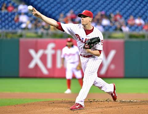 Sep 12, 2016; Philadelphia, PA, USA; Philadelphia Phillies starting pitcher Jeremy Hellickson (58) throws a pitch during the first inning against the Pittsburgh Pirates at Citizens Bank Park. Mandatory Credit: Eric Hartline-USA TODAY Sports