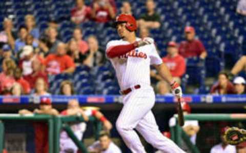 Sep 12, 2016; Philadelphia, PA, USA; Philadelphia Phillies catcher Jorge Alfaro (38) singles in his major league debut against the Pittsburgh Pirates at Citizens Bank Park. The Phillies defeated the Pirates, 6-2. Mandatory Credit: Eric Hartline-USA TODAY Sports