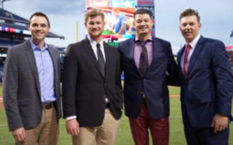 Sep 20, 2016; Philadelphia, PA, USA; From left to right Philadelphia Phillies general manager Matt Klentak and top prospects pitcher Ben Lively and outfielder Dylan Cozens and first baseman Rhys Hoskins prior to a game against the Chicago White Sox at Citizens Bank Park. Mandatory Credit: Bill Streicher-USA TODAY Sports