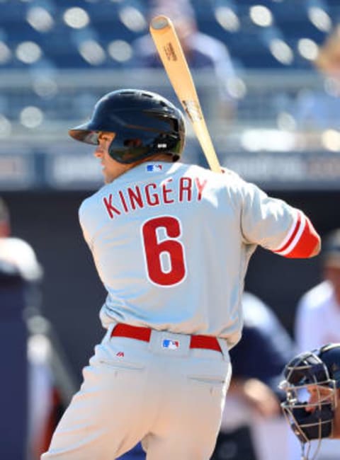 Oct 13, 2016; Peoria, AZ, USA; Scottsdale Scorpions infielder Scott Kingery of the Philadelphia Phillies against the Peoria Javelinas during an Arizona Fall League game at Peoria Sports Complex. Mandatory Credit: Mark J. Rebilas-USA TODAY Sports