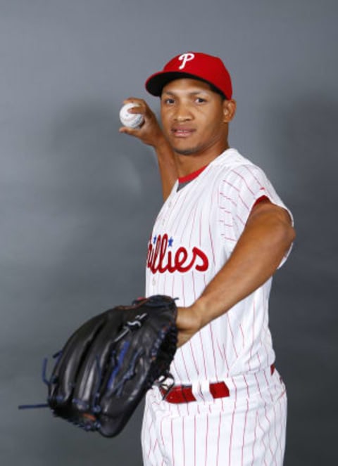 Feb 20, 2017; Clearwater, FL, USA; Philadelphia Phillies starting pitcher Alberto Tirado (75) poses for a photo during spring training at Spectrum Field. Mandatory Credit: Butch Dill-USA TODAY Sports