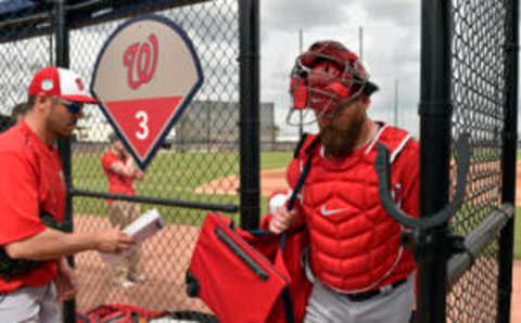 Feb 21, 2017; West Palm Beach, FL, USA; Washington Nationals catcher Derek Norris (23) during spring training workouts at The Ballpark of the Palm Beaches. Mandatory Credit: Steve Mitchell-USA TODAY Sports