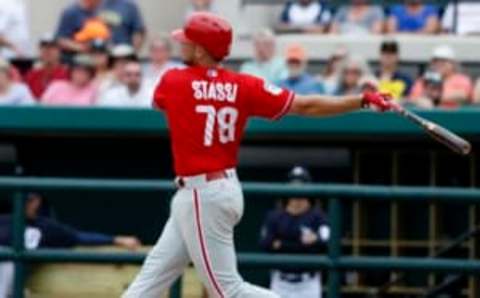 Mar 7, 2017; Lakeland, FL, USA; Philadelphia Phillies first baseman Brock Stassi (78) hits a long fly to right center during the seventh inning of an MLB spring training baseball game against the Detroit Tigers at Joker Marchant Stadium. The Phillies won 11-6. Mandatory Credit: Reinhold Matay-USA TODAY Sports