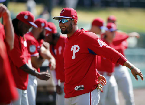 Mar 8, 2017; Lake Buena Vista, FL, USA; Philadelphia Phillies third baseman Andres Blanco (4) works out prior to their spring training game at Champion Stadium. Mandatory Credit: Kim Klement-USA TODAY Sports