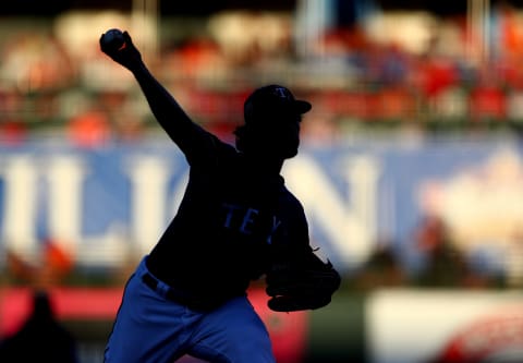 Mar 13, 2017; Surprise, AZ, USA; Texas Rangers pitcher Yu Darvish throws against the San Francisco Giants during a Cactus League spring training game at Surprise Stadium. Mandatory Credit: Mark J. Rebilas-USA TODAY Sports