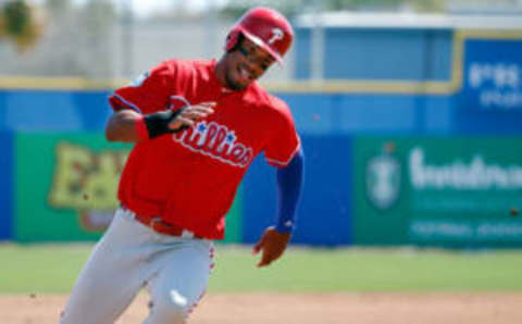 Mar 11, 2017; Dunedin, FL, USA; Philadelphia Phillies right fielder Nick Williams (65) runs home to score a run against the Toronto Blue Jays at Florida Auto Exchange Stadium. Mandatory Credit: Kim Klement-USA TODAY Sports