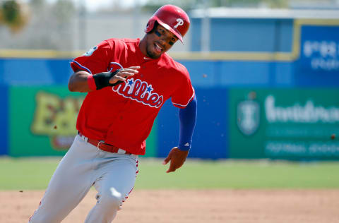 Mar 11, 2017; Dunedin, FL, USA; Philadelphia Phillies right fielder Nick Williams (65) runs home to score a run against the Toronto Blue Jays at Florida Auto Exchange Stadium. Mandatory Credit: Kim Klement-USA TODAY Sports