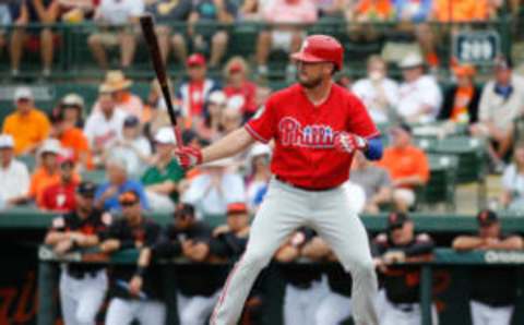 Mar 13, 2017; Sarasota, FL, USA; Philadelphia Phillies first baseman Brock Stassi (78) at bat against the Baltimore Orioles at Ed Smith Stadium. Mandatory Credit: Kim Klement-USA TODAY Sports