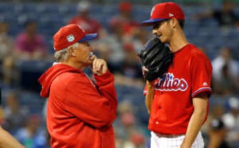 Mar 28, 2017; Clearwater, FL, USA; Philadelphia Phillies pitching coach Bob McClure (22) and pitcher Hoby Milner (69) talk on the mound at Spectrum Field. Mandatory Credit: Kim Klement-USA TODAY Sports