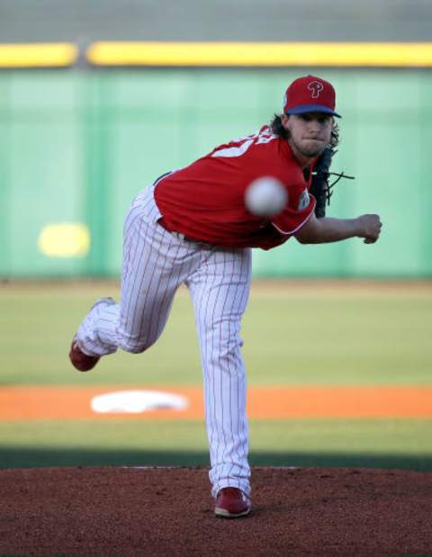 Mar 28, 2017; Clearwater, FL, USA; Philadelphia Phillies starting pitcher Aaron Nola (27) throws a pitch during the first inning against the Toronto Blue Jays at Spectrum Field. Mandatory Credit: Kim Klement-USA TODAY Sports