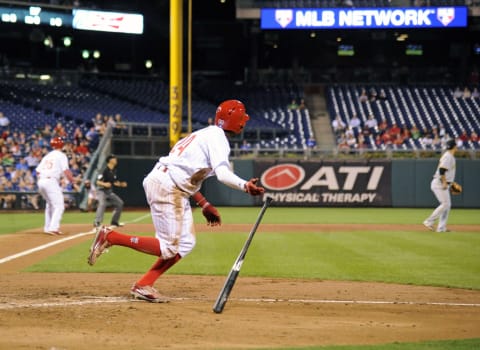 Sep 12, 2016; Philadelphia, PA, USA; Philadelphia Phillies right fielder Roman Quinn (24) hits an RBI double during the second inning against the Pittsburgh Pirates at Citizens Bank Park. Mandatory Credit: Eric Hartline-USA TODAY Sports