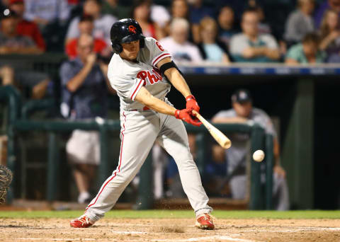 Nov 5, 2016; Surprise, AZ, USA; East infielder Scott Kingery of the Philadelphia Phillies during the Arizona Fall League Fall Stars game at Surprise Stadium. Mandatory Credit: Mark J. Rebilas-USA TODAY Sports